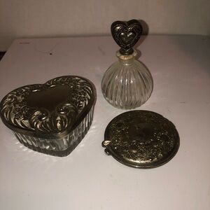 Heart-Shaped Silver Vanity Set. Perfume bottle- makeup mirror, heart container